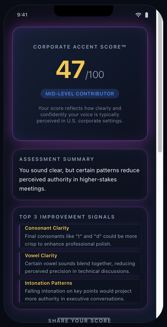 Clear Accent — Corporate Accent Score